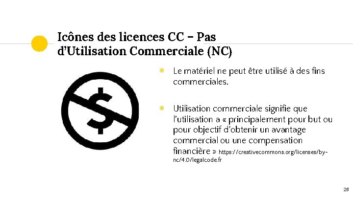 Icônes des licences CC – Pas d’Utilisation Commerciale (NC) ◉ Le matériel ne peut