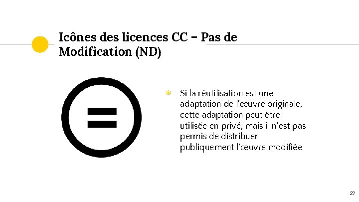 Icônes des licences CC – Pas de Modification (ND) ◉ Si la réutilisation est