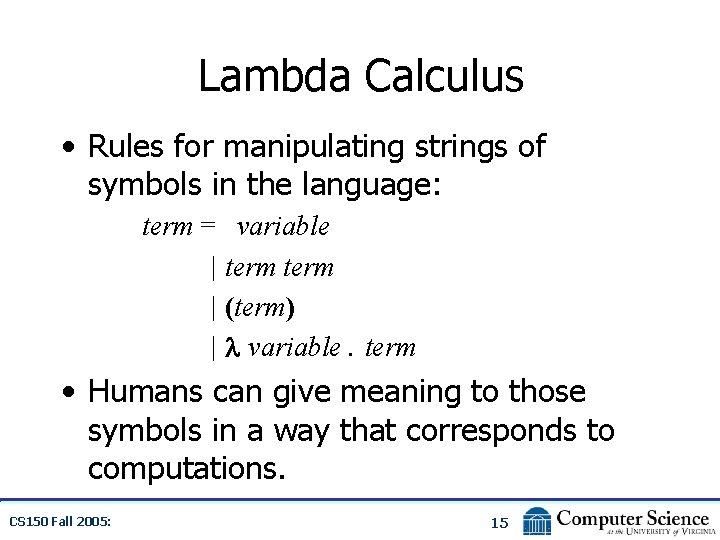 Lambda Calculus • Rules for manipulating strings of symbols in the language: term =
