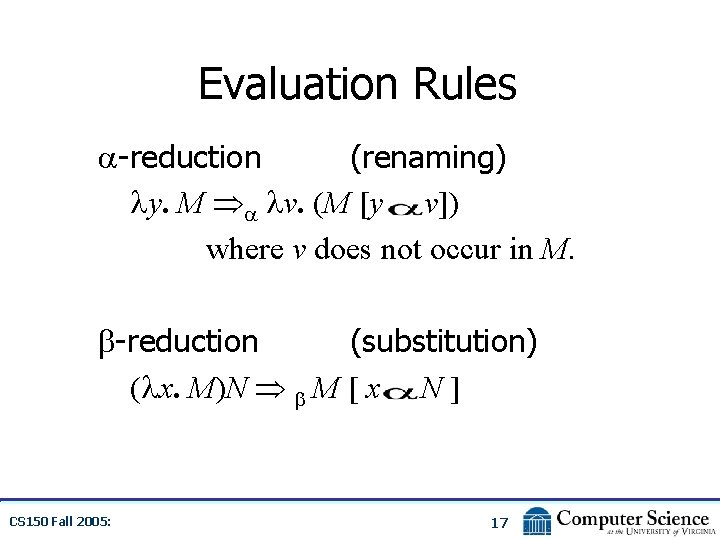 Evaluation Rules -reduction (renaming) y. M v. (M [y v]) where v does not