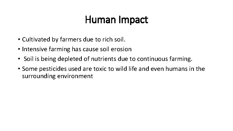 Human Impact • Cultivated by farmers due to rich soil. • Intensive farming has Human Impact • Cultivated by farmers due to rich soil. • Intensive farming has