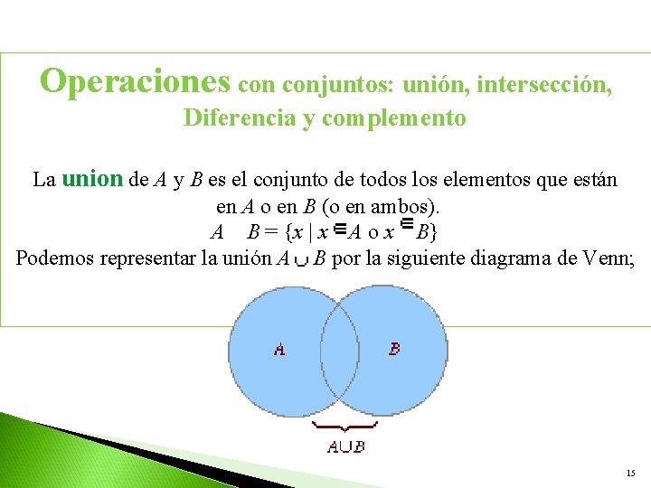 Operaciones conjuntos: unión, intersección, Diferencia y complemento La union de A y B es