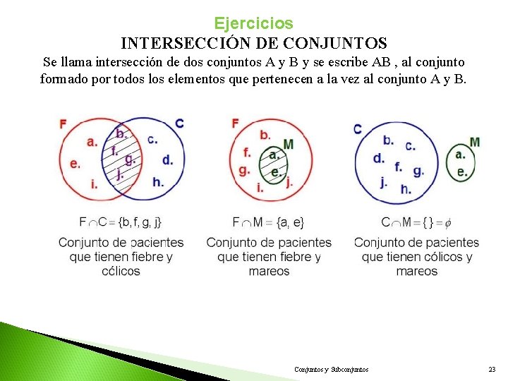 Ejercicios INTERSECCIÓN DE CONJUNTOS Se llama intersección de dos conjuntos A y B y