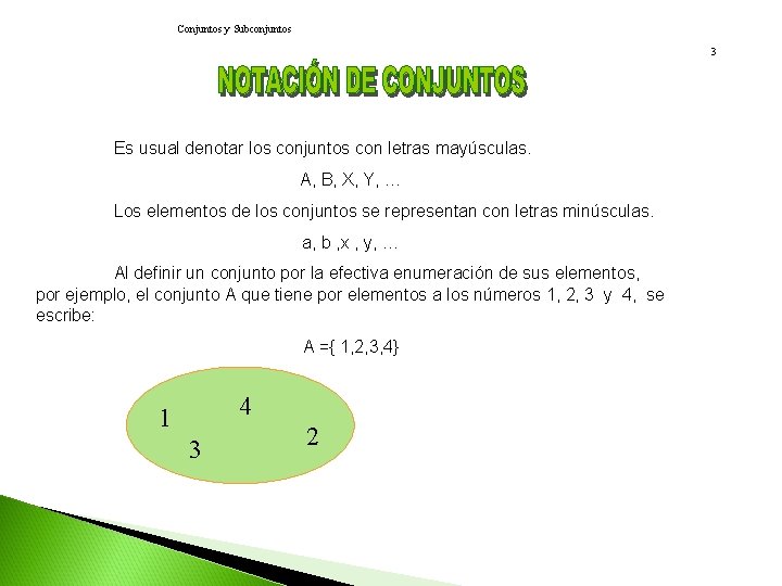 Conjuntos y Subconjuntos 3 Es usual denotar los conjuntos con letras mayúsculas. A, B,