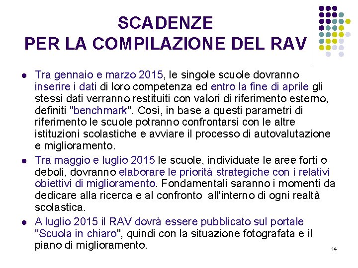 SCADENZE PER LA COMPILAZIONE DEL RAV l l l Tra gennaio e marzo 2015,