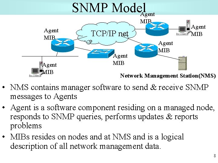 SNMP Model. Agent MIB TCP/IP net Agent MIB Network Management Station(NMS) • NMS contains