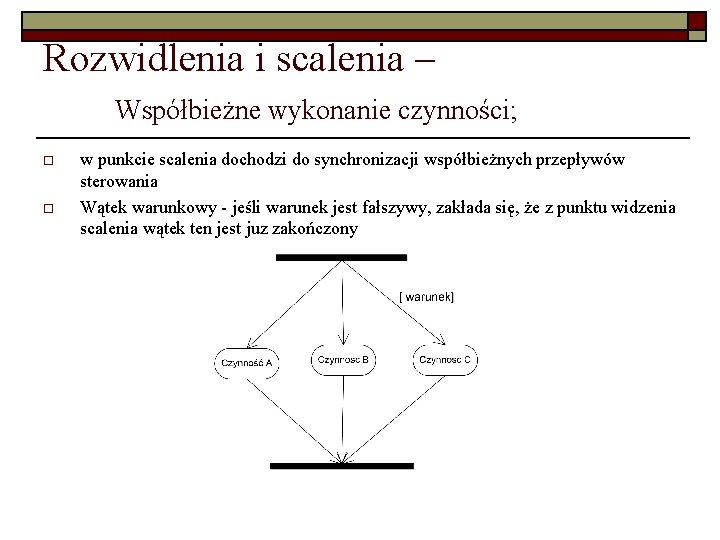 Rozwidlenia i scalenia – Współbieżne wykonanie czynności; o o w punkcie scalenia dochodzi do Rozwidlenia i scalenia – Współbieżne wykonanie czynności; o o w punkcie scalenia dochodzi do