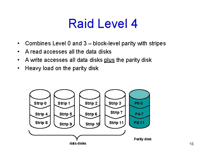 Raid Level 4 • • Combines Level 0 and 3 – block-level parity with