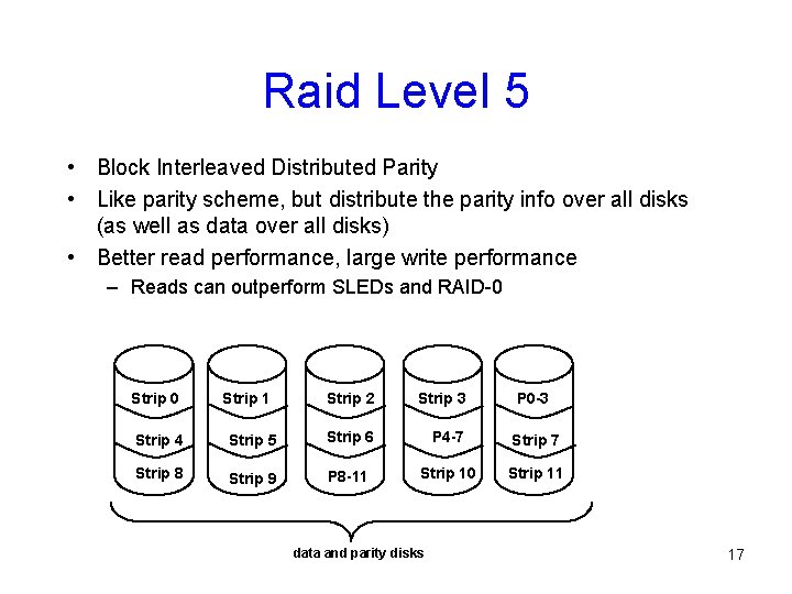 Raid Level 5 • Block Interleaved Distributed Parity • Like parity scheme, but distribute