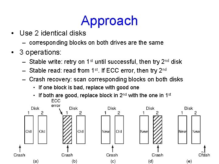 Approach • Use 2 identical disks – corresponding blocks on both drives are the