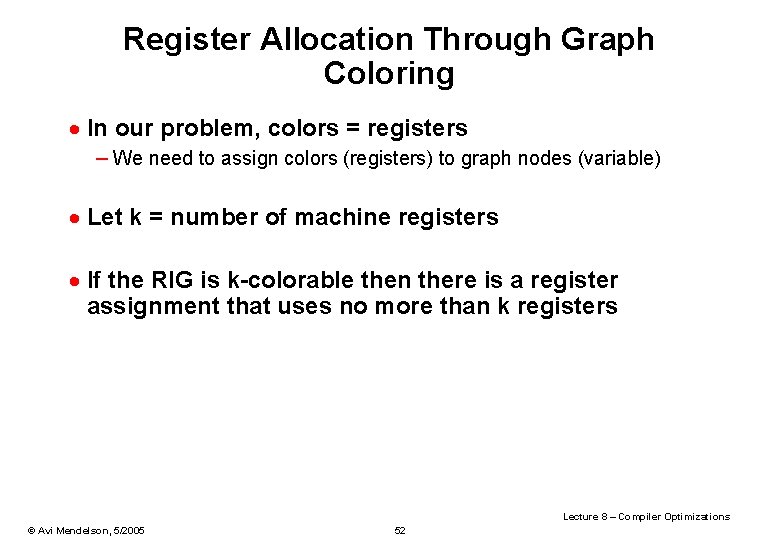 Register Allocation Through Graph Coloring · In our problem, colors = registers – We