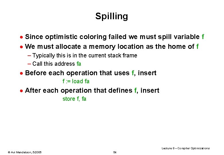 Spilling · Since optimistic coloring failed we must spill variable f · We must