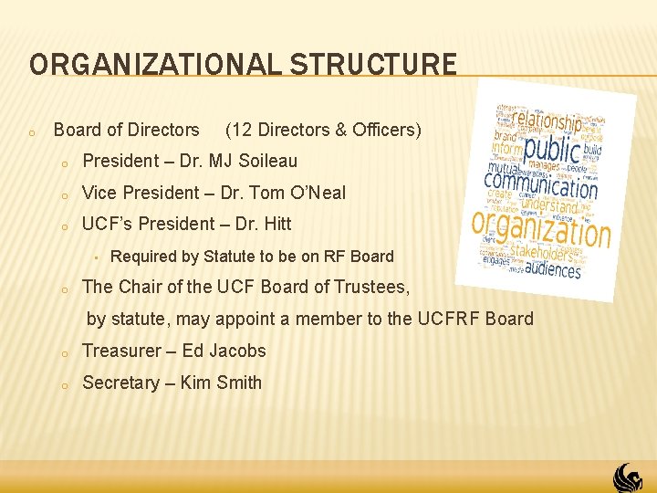 ORGANIZATIONAL STRUCTURE o Board of Directors (12 Directors & Officers) o President – Dr. ORGANIZATIONAL STRUCTURE o Board of Directors (12 Directors & Officers) o President – Dr.