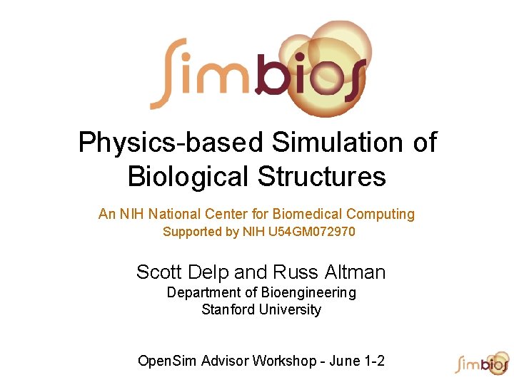Physics-based Simulation of Biological Structures An NIH National Center for Biomedical Computing Supported by
