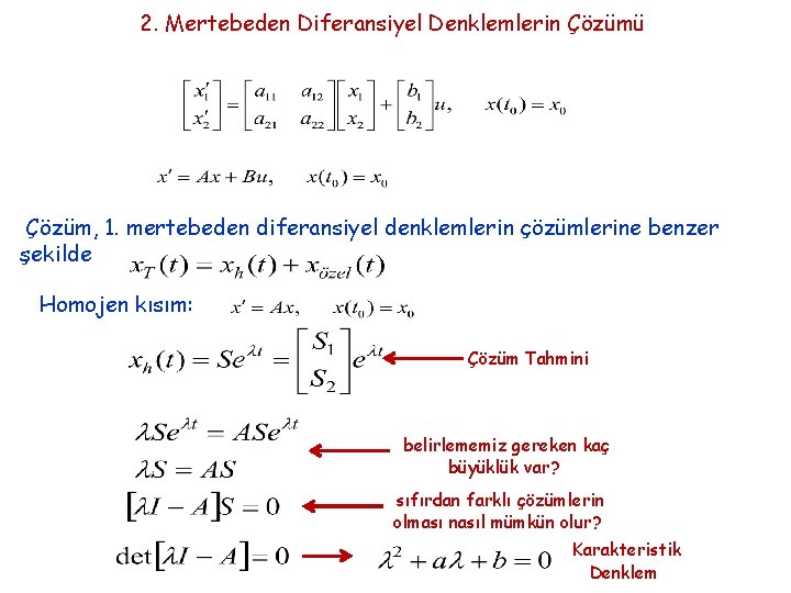 2. Mertebeden Diferansiyel Denklemlerin Çözümü Çözüm, 1. mertebeden diferansiyel denklemlerin çözümlerine benzer şekilde Homojen