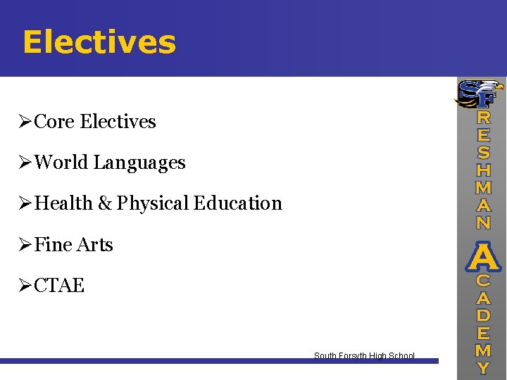 Electives Core Electives World Languages Health & Physical Education Fine Arts CTAE South Forsyth