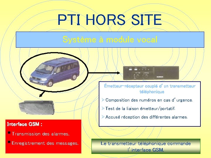 PTI HORS SITE Système à module vocal Émetteur-récepteur couplé d’un transmetteur téléphonique Ø Composition