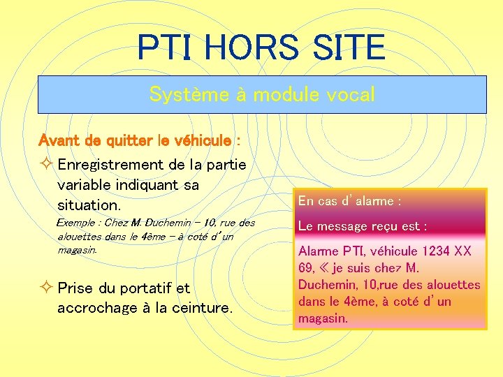 PTI HORS SITE Système à module vocal Avant de quitter le véhicule : ²