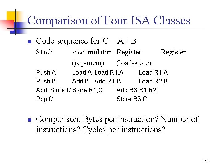 Comparison of Four ISA Classes n Code sequence for C = A+ B Stack