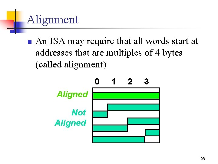 Alignment n An ISA may require that all words start at addresses that are