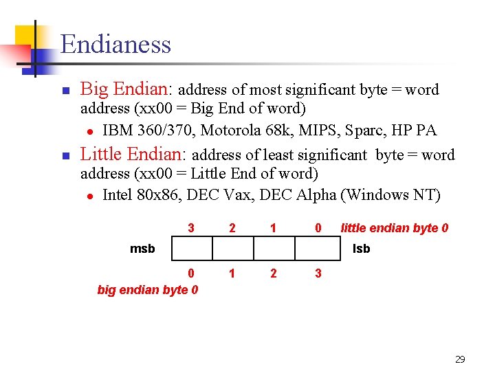 Endianess n Big Endian: address of most significant byte = word address (xx 00