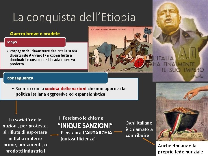 La conquista dell’Etiopia Guerra breve e crudele scopo • Propaganda: dimostrare che l’Italia stava