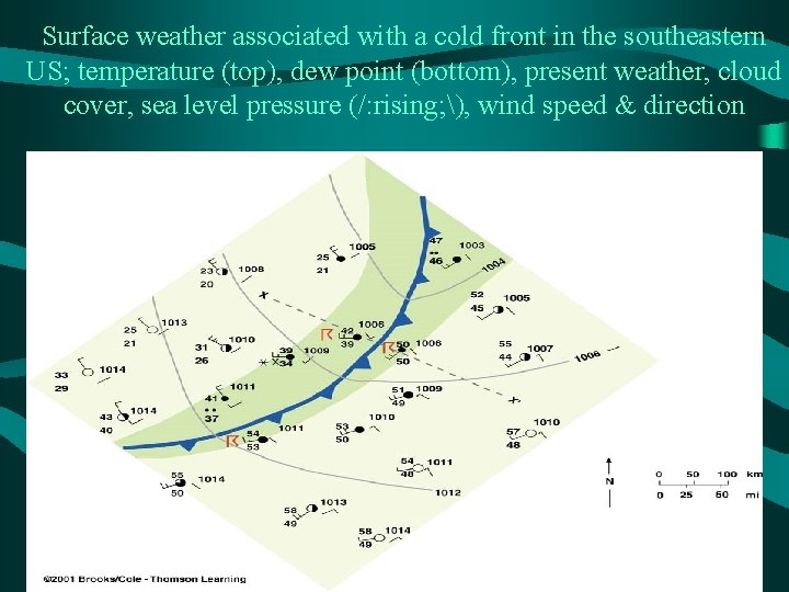 Surface weather associated with a cold front in the southeastern US; temperature (top), dew