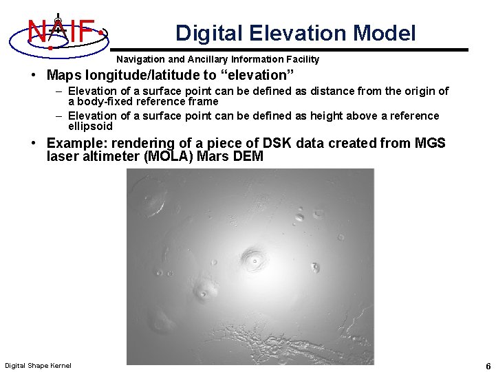 N IF Digital Elevation Model Navigation and Ancillary Information Facility • Maps longitude/latitude to