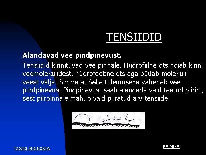 TENSIIDID Alandavad vee pindpinevust. Tensiidid kinnituvad vee pinnale. Hüdrofiilne ots hoiab kinni veemolekulidest, hüdrofoobne TENSIIDID Alandavad vee pindpinevust. Tensiidid kinnituvad vee pinnale. Hüdrofiilne ots hoiab kinni veemolekulidest, hüdrofoobne