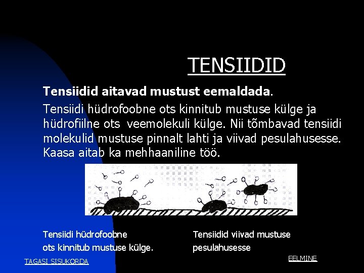 TENSIIDID Tensiidid aitavad mustust eemaldada. Tensiidi hüdrofoobne ots kinnitub mustuse külge ja hüdrofiilne ots TENSIIDID Tensiidid aitavad mustust eemaldada. Tensiidi hüdrofoobne ots kinnitub mustuse külge ja hüdrofiilne ots