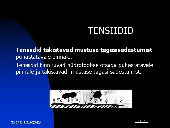 TENSIIDID Tensiidid takistavad mustuse tagasisadestumist puhastatavale pinnale. Tensiidid kinnituvad hüdrofoobse otsaga puhastatavale pinnale ja TENSIIDID Tensiidid takistavad mustuse tagasisadestumist puhastatavale pinnale. Tensiidid kinnituvad hüdrofoobse otsaga puhastatavale pinnale ja