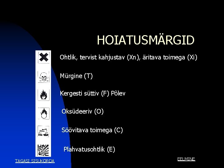 HOIATUSMÄRGID Ohtlik, tervist kahjustav (Xn), äritava toimega (Xi) Mürgine (T) Kergesti süttiv (F) Põlev HOIATUSMÄRGID Ohtlik, tervist kahjustav (Xn), äritava toimega (Xi) Mürgine (T) Kergesti süttiv (F) Põlev