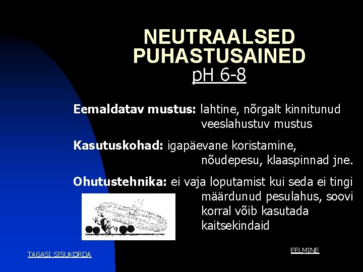 NEUTRAALSED PUHASTUSAINED p. H 6 -8 Eemaldatav mustus: lahtine, nõrgalt kinnitunud veeslahustuv mustus Kasutuskohad: NEUTRAALSED PUHASTUSAINED p. H 6 -8 Eemaldatav mustus: lahtine, nõrgalt kinnitunud veeslahustuv mustus Kasutuskohad: