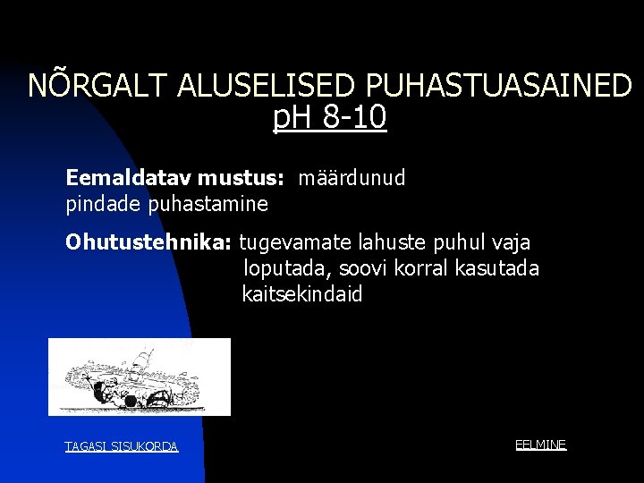 NÕRGALT ALUSELISED PUHASTUASAINED p. H 8 -10 Eemaldatav mustus: määrdunud pindade puhastamine Ohutustehnika: tugevamate NÕRGALT ALUSELISED PUHASTUASAINED p. H 8 -10 Eemaldatav mustus: määrdunud pindade puhastamine Ohutustehnika: tugevamate