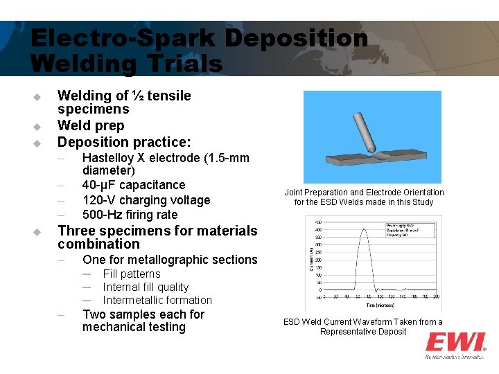 Electro-Spark Deposition Welding Trials u u u Welding of ½ tensile specimens Weld prep