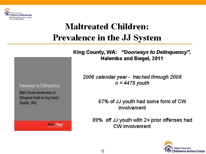 Maltreated Children: Prevalence in the JJ System King County, WA: “Doorways to Delinquency”. Halemba