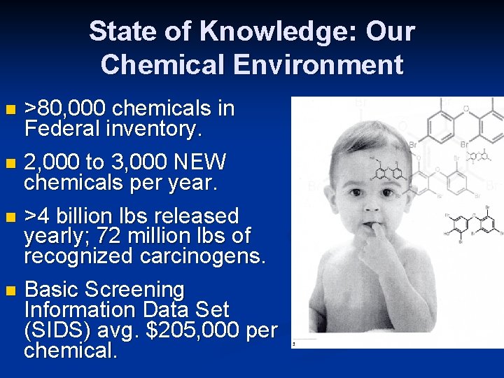 State of Knowledge: Our Chemical Environment >80, 000 chemicals in Federal inventory. n 2,