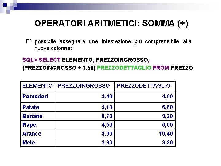 OPERATORI ARITMETICI: SOMMA (+) E’ possibile assegnare una intestazione più comprensibile alla nuova colonna: