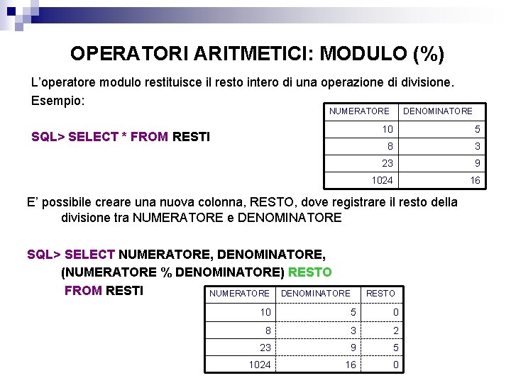 OPERATORI ARITMETICI: MODULO (%) L’operatore modulo restituisce il resto intero di una operazione di