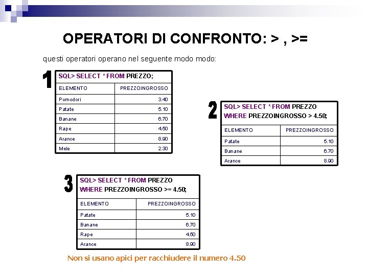 OPERATORI DI CONFRONTO: > , >= questi operatori operano nel seguente modo: SQL> SELECT