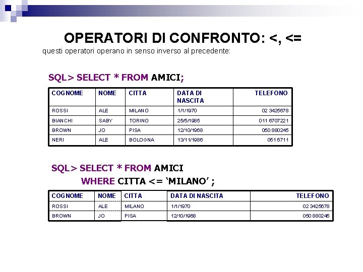 OPERATORI DI CONFRONTO: <, <= questi operatori operano in senso inverso al precedente: SQL>