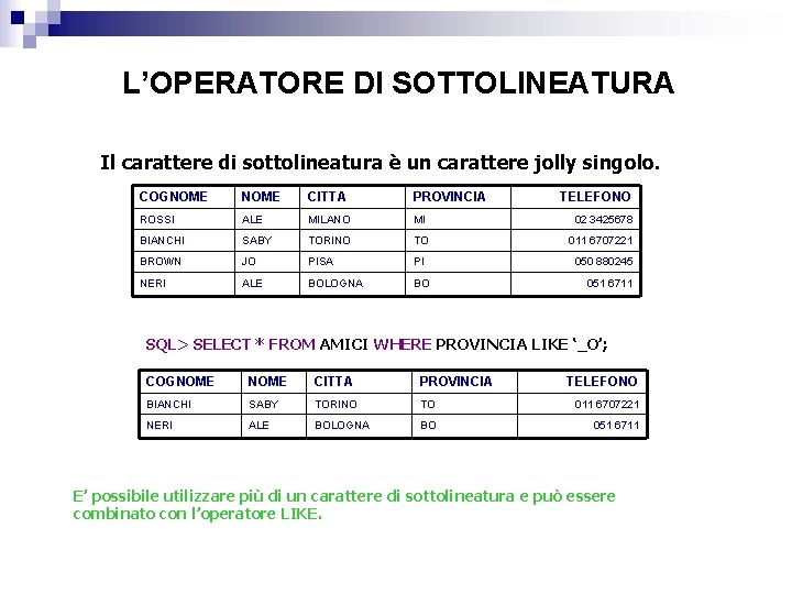 L’OPERATORE DI SOTTOLINEATURA Il carattere di sottolineatura è un carattere jolly singolo. COGNOME CITTA