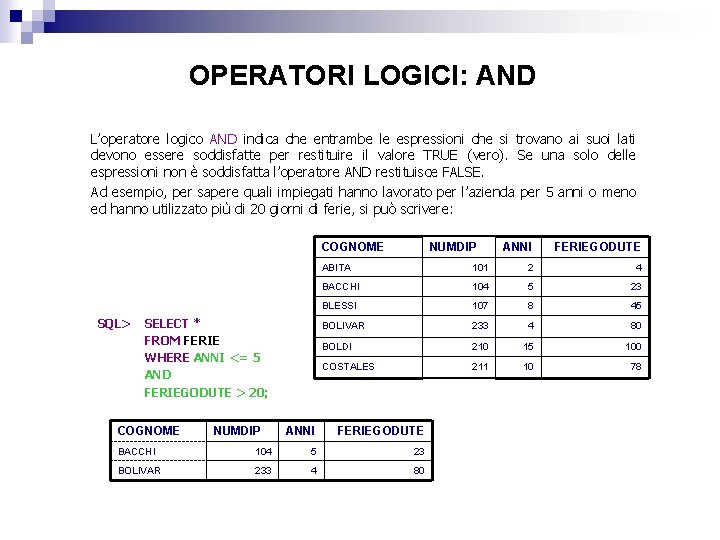 OPERATORI LOGICI: AND L’operatore logico AND indica che entrambe le espressioni che si trovano