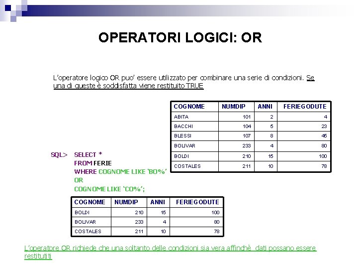 OPERATORI LOGICI: OR L’operatore logico OR puo’ essere utilizzato per combinare una serie di