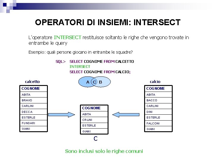 OPERATORI DI INSIEMI: INTERSECT L’operatore INTERSECT restituisce soltanto le righe che vengono trovate in