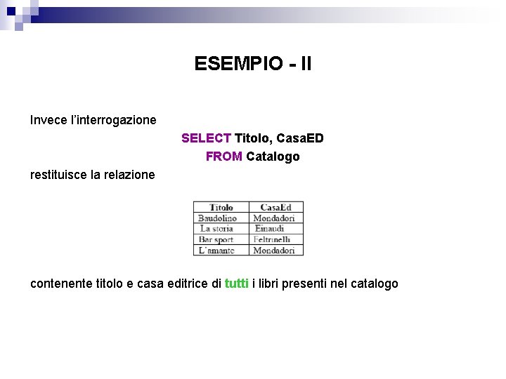 ESEMPIO - II Invece l’interrogazione SELECT Titolo, Casa. ED FROM Catalogo restituisce la relazione