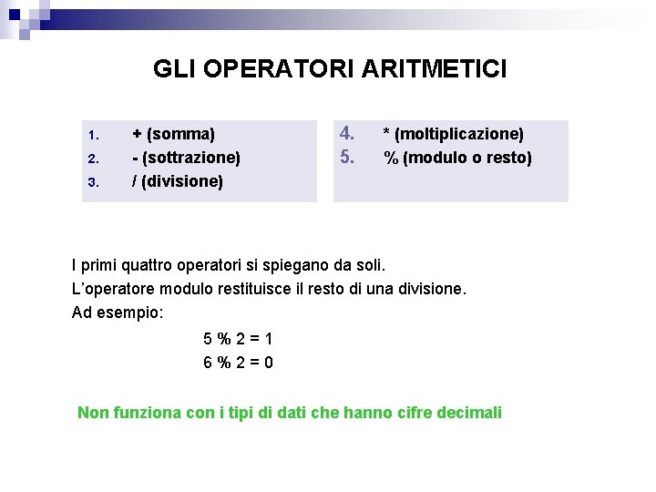 GLI OPERATORI ARITMETICI 1. 2. 3. + (somma) - (sottrazione) / (divisione) 4. 5.