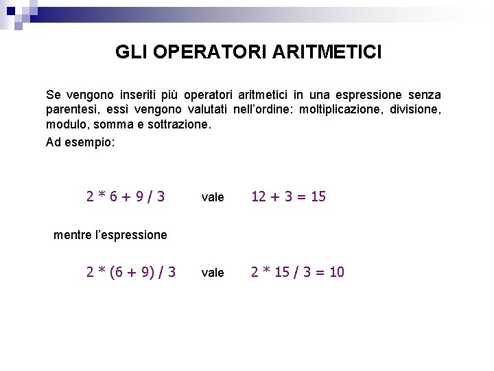 GLI OPERATORI ARITMETICI Se vengono inseriti più operatori aritmetici in una espressione senza parentesi,