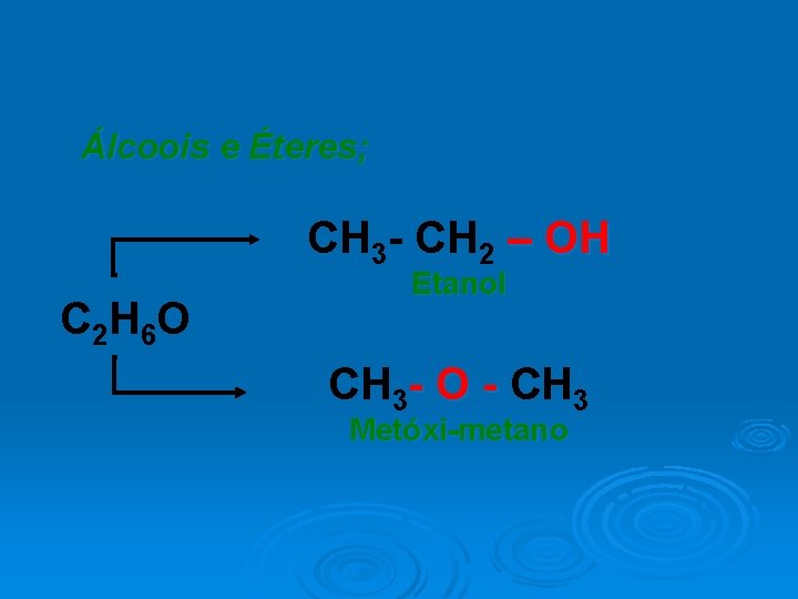Álcoois e Éteres; CH 3 - CH 2 – OH C 2 H 6