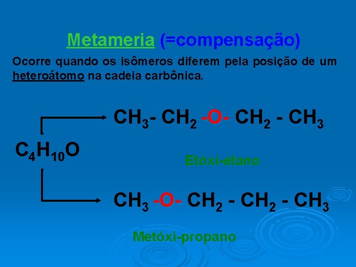 Metameria (=compensação) Ocorre quando os isômeros diferem pela posição de um heteroátomo na cadeia